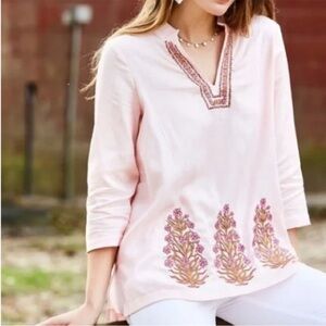 NWT Spartina 449 Pink Everleigh Tunic Woodblock Floral Embroidered Linen Blend S